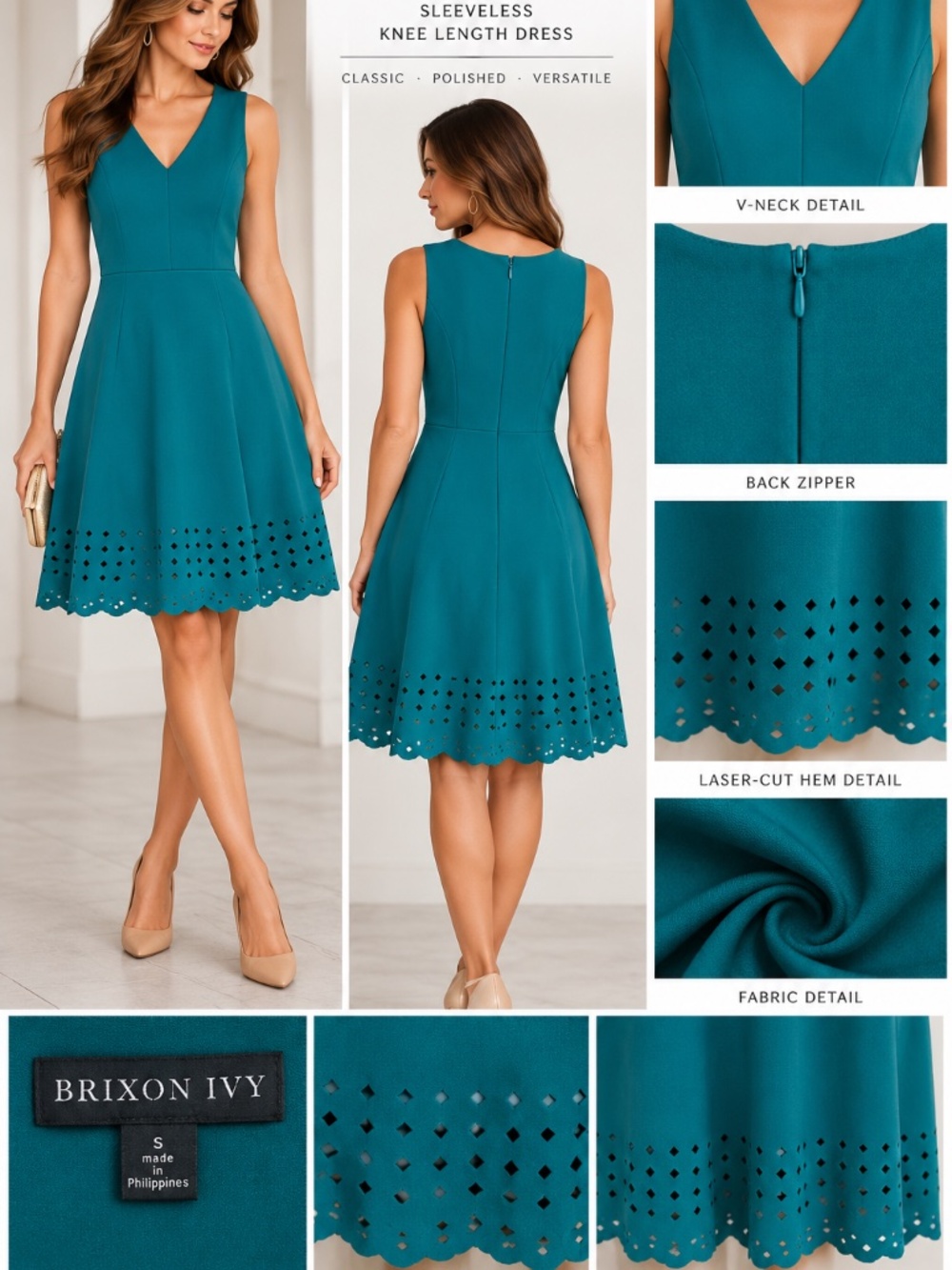 Brixon Ivy James Teal Laser Cut Scallop Hem Fit Flare Knee Dress S Sleeveless